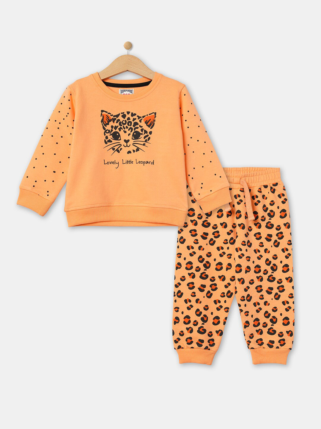 R&B Girls Orange Printed Cotton T-shirt with Trousers
