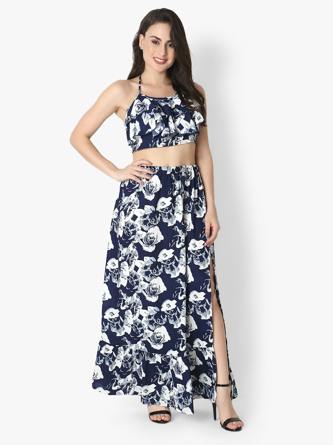 Again fashions Women Blue & White Floral Printed Halter Neck Maxi Dress