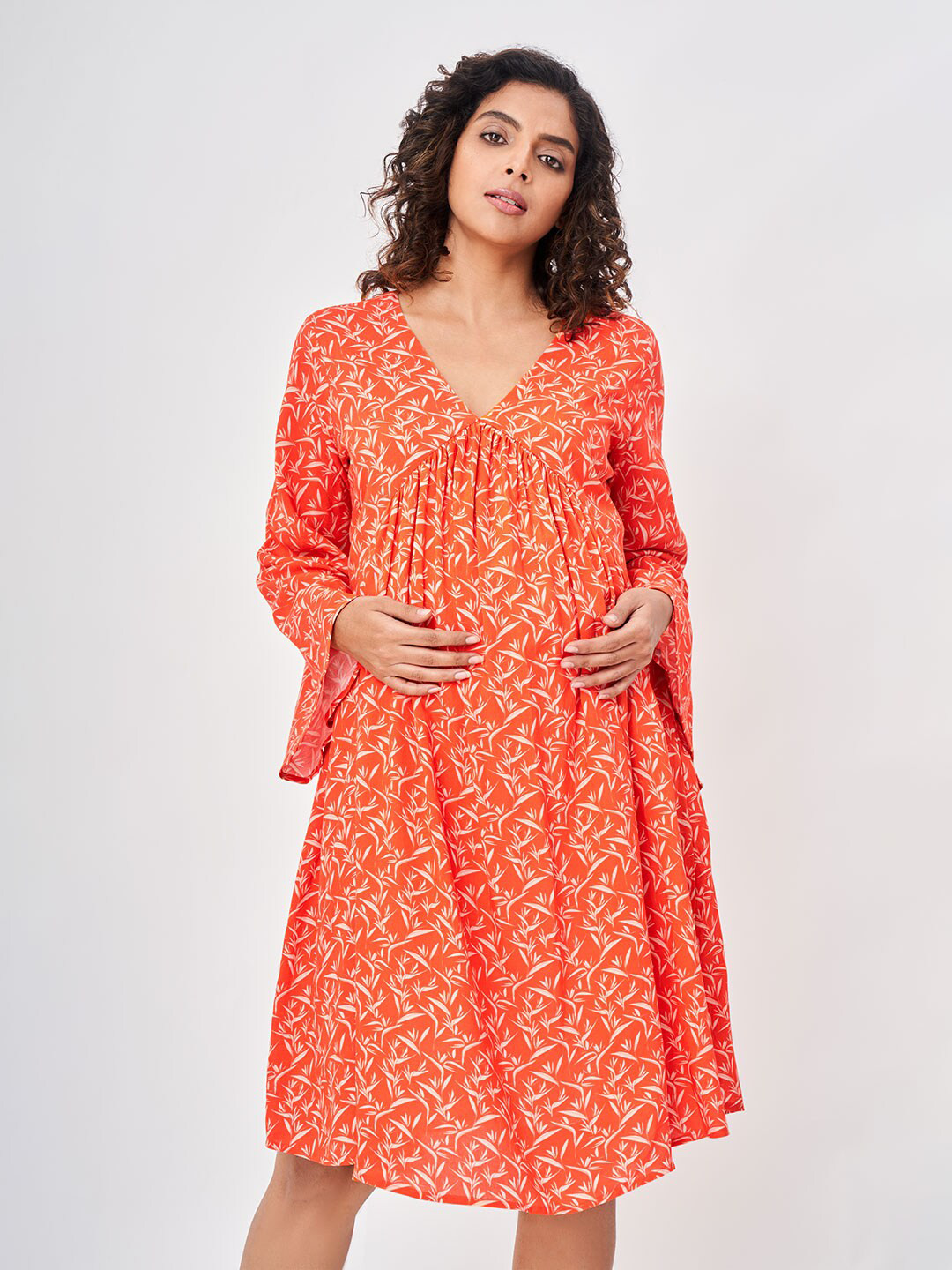 Ed-a-Mamma Women Orange & White Printed Maternity Empire Dress