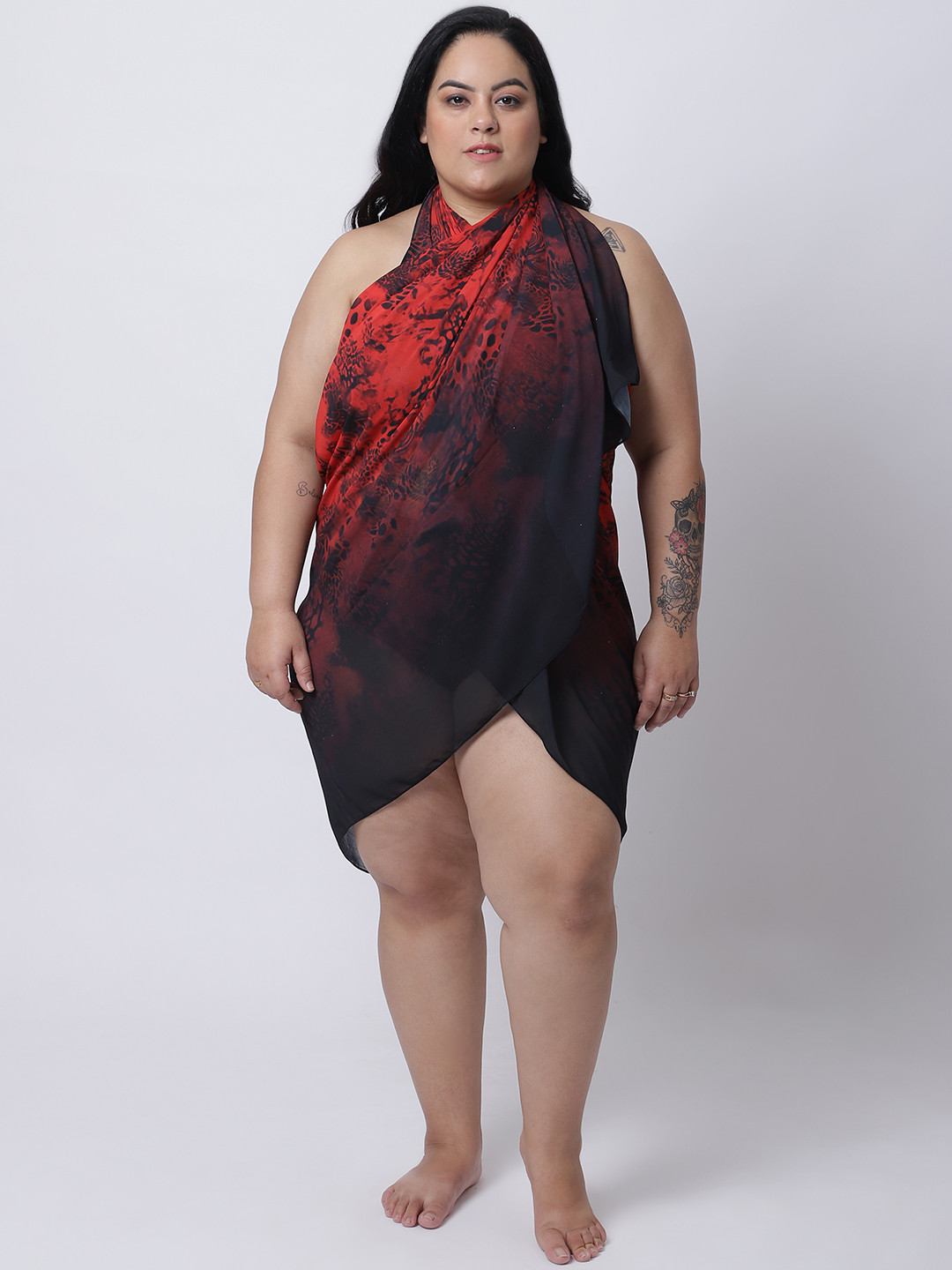 Aoba Women Plus Size Red & Black Printed Sarong