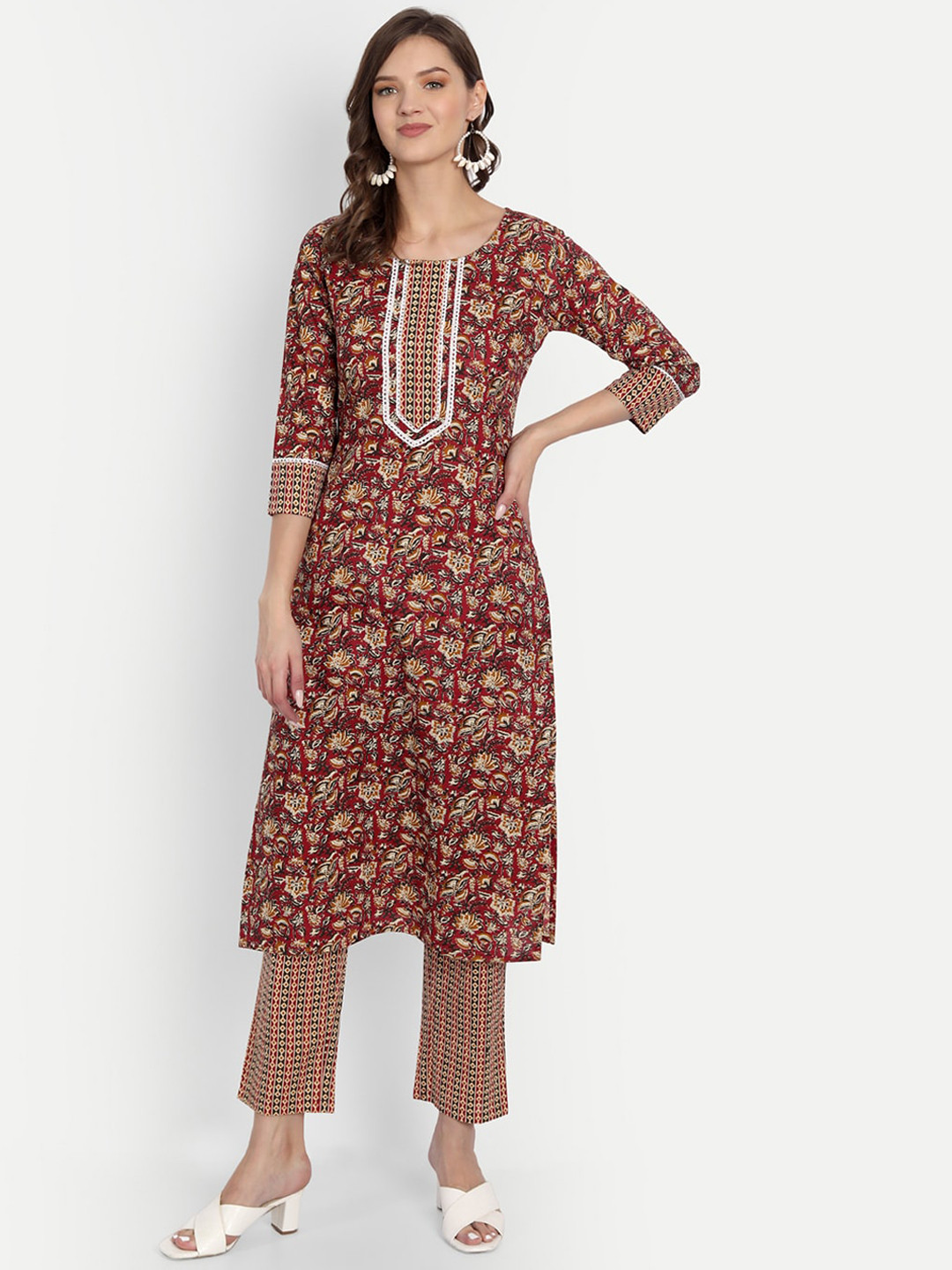 Haute and Humble Women Red Floral Printed Pure Cotton Kurta with Trousers