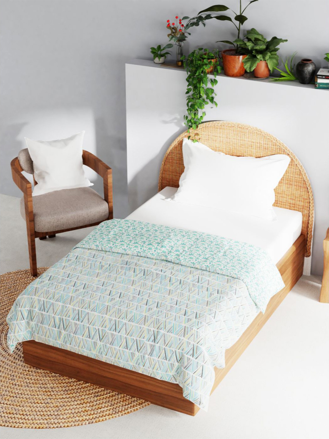 BIANCA Blue & Green Geometric AC Room 120 GSM Muslin Cotton Single Bed Dohar
