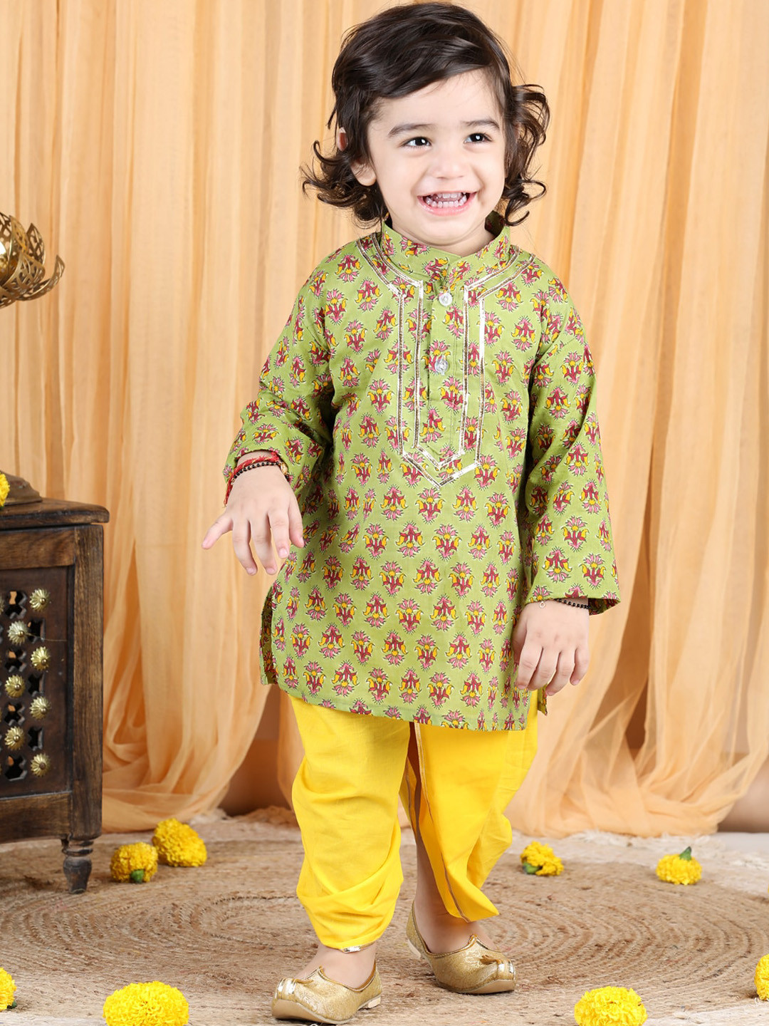 kidcetra Boys Green Floral Yoke Design Pure Cotton Kurta with Dhoti Pant Set