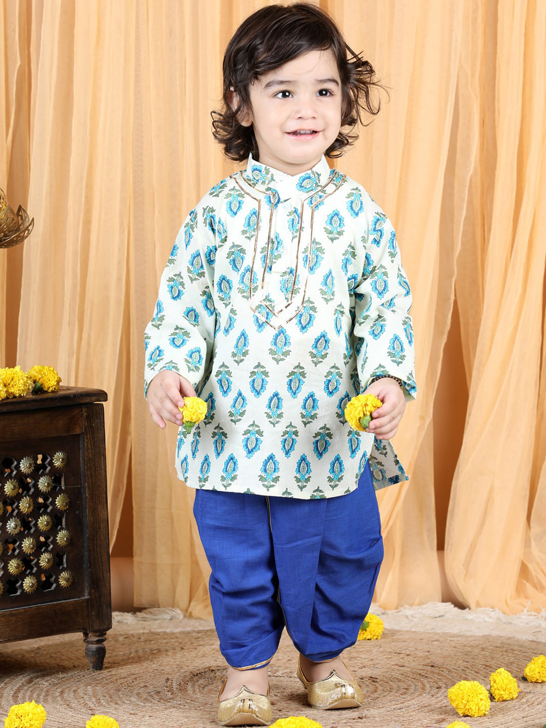 kidcetra Boys White Floral Printed Pure Cotton Kurta with Dhoti Pants