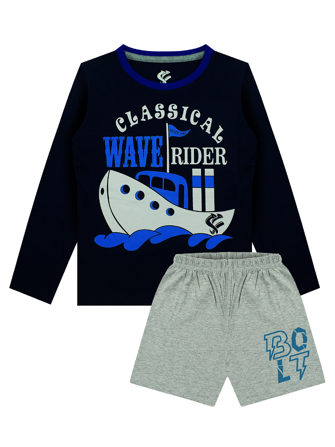 Silver Fang Boys Navy Blue & Grey Printed T-shirt with Shorts