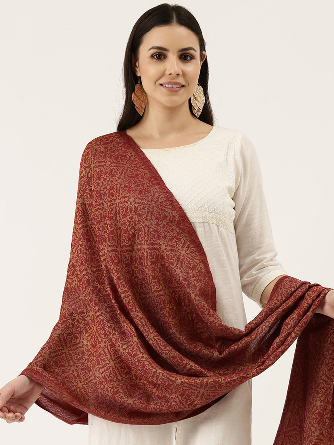 Pashmoda Women Maroon Woven Design Wool Shawl