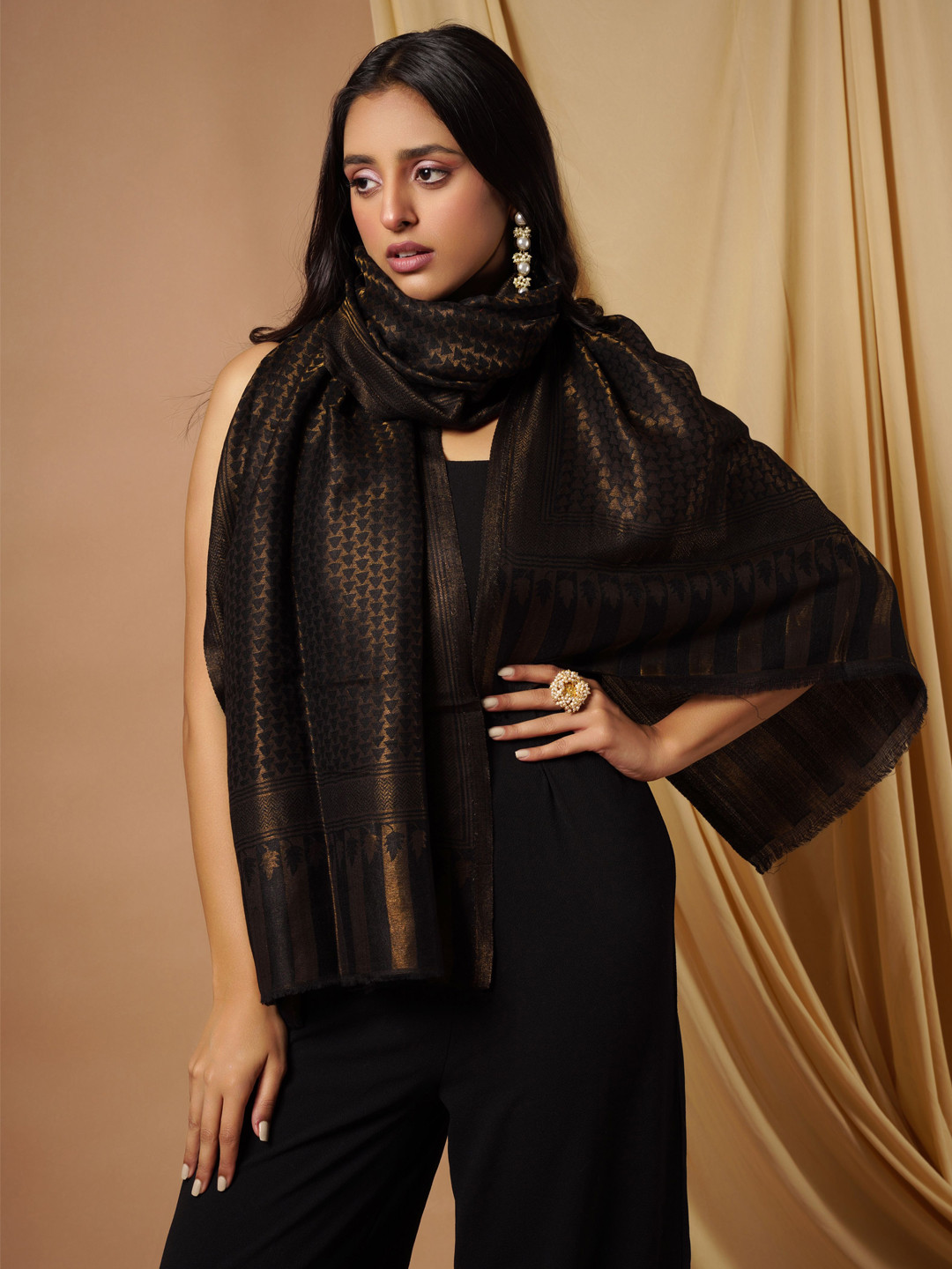 Pashmoda Women Black & Beige Colored  Woven Design Fine Cashmere Woolen Shawl