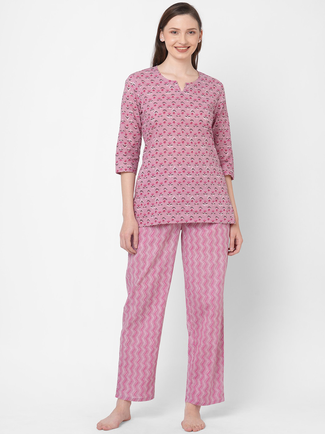 SDL by Sweet Dreams Women Pink And White Striped Night suit