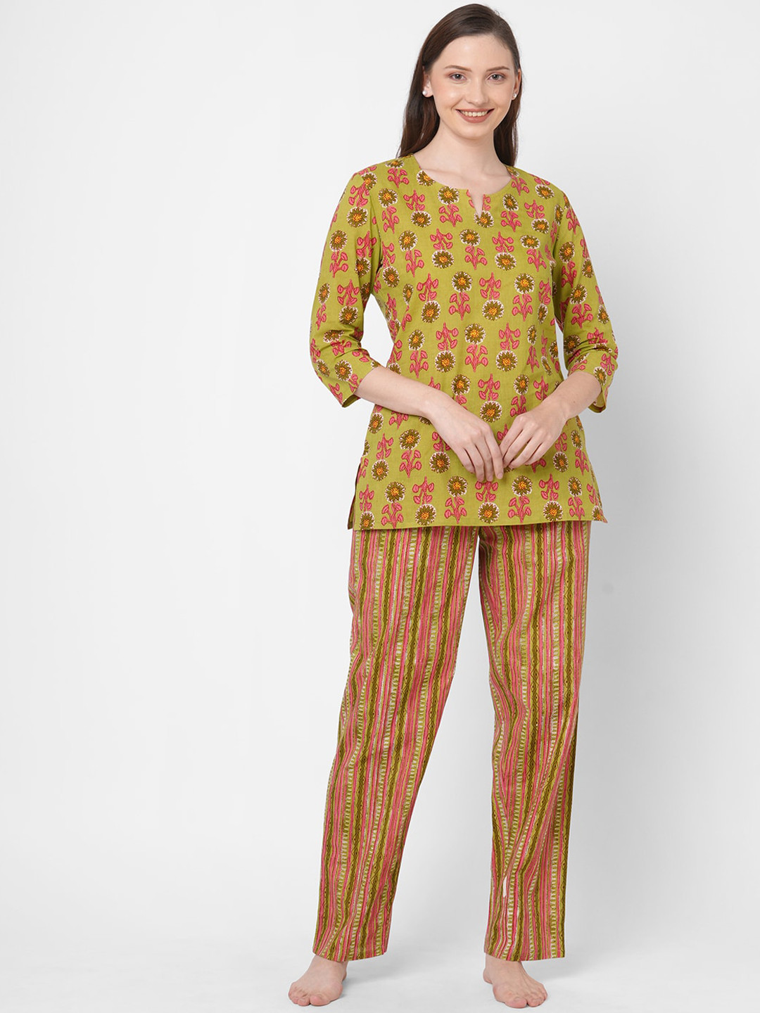 SDL by Sweet Dreams Women Green & Pink Printed Cotton Night suit