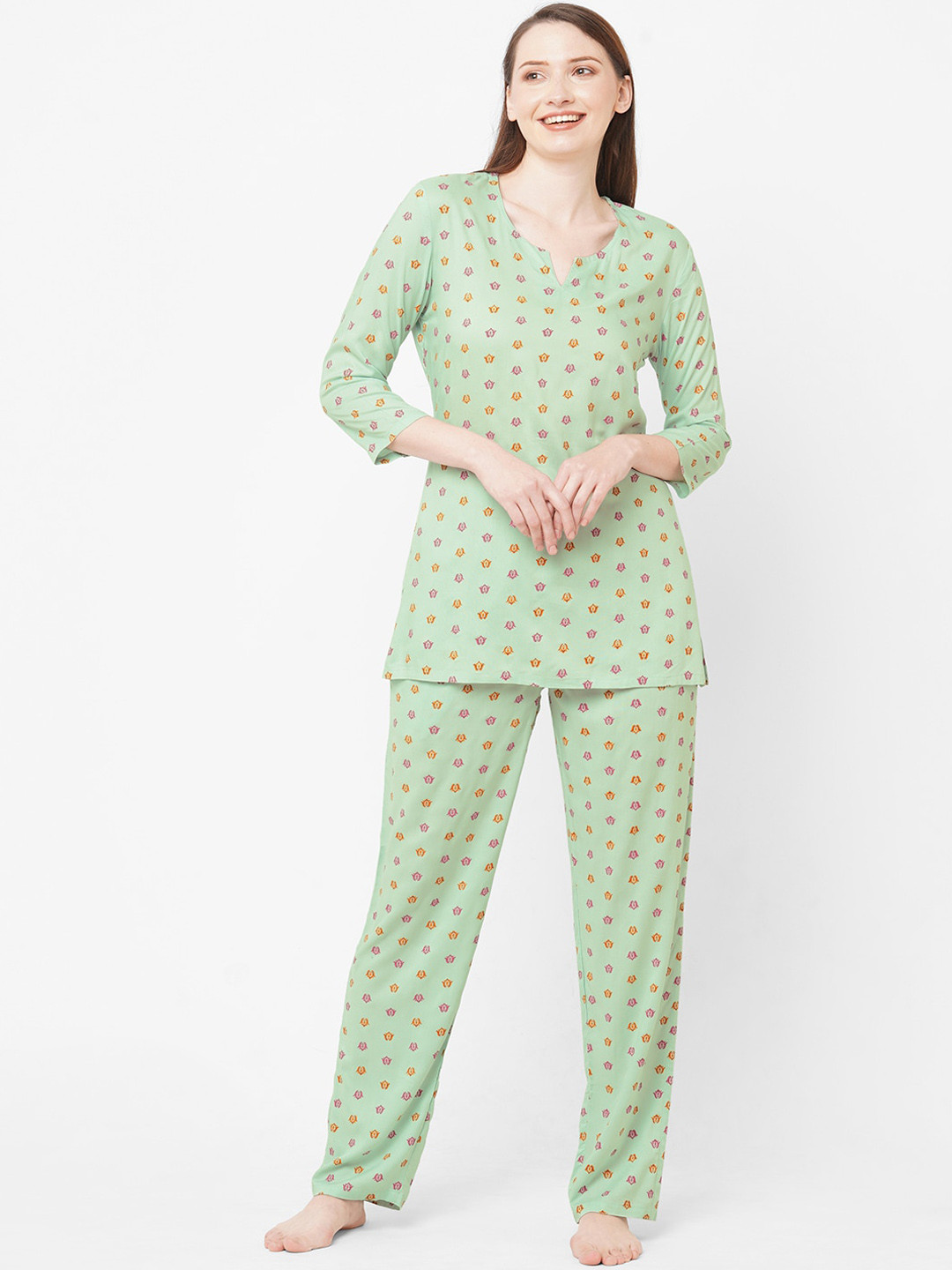 SDL by Sweet Dreams Women Green & Yellow Printed Night suit