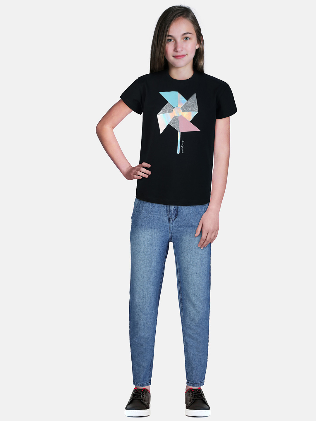 Gini and Jony Girls Black & Blue Round Neck Printed Top