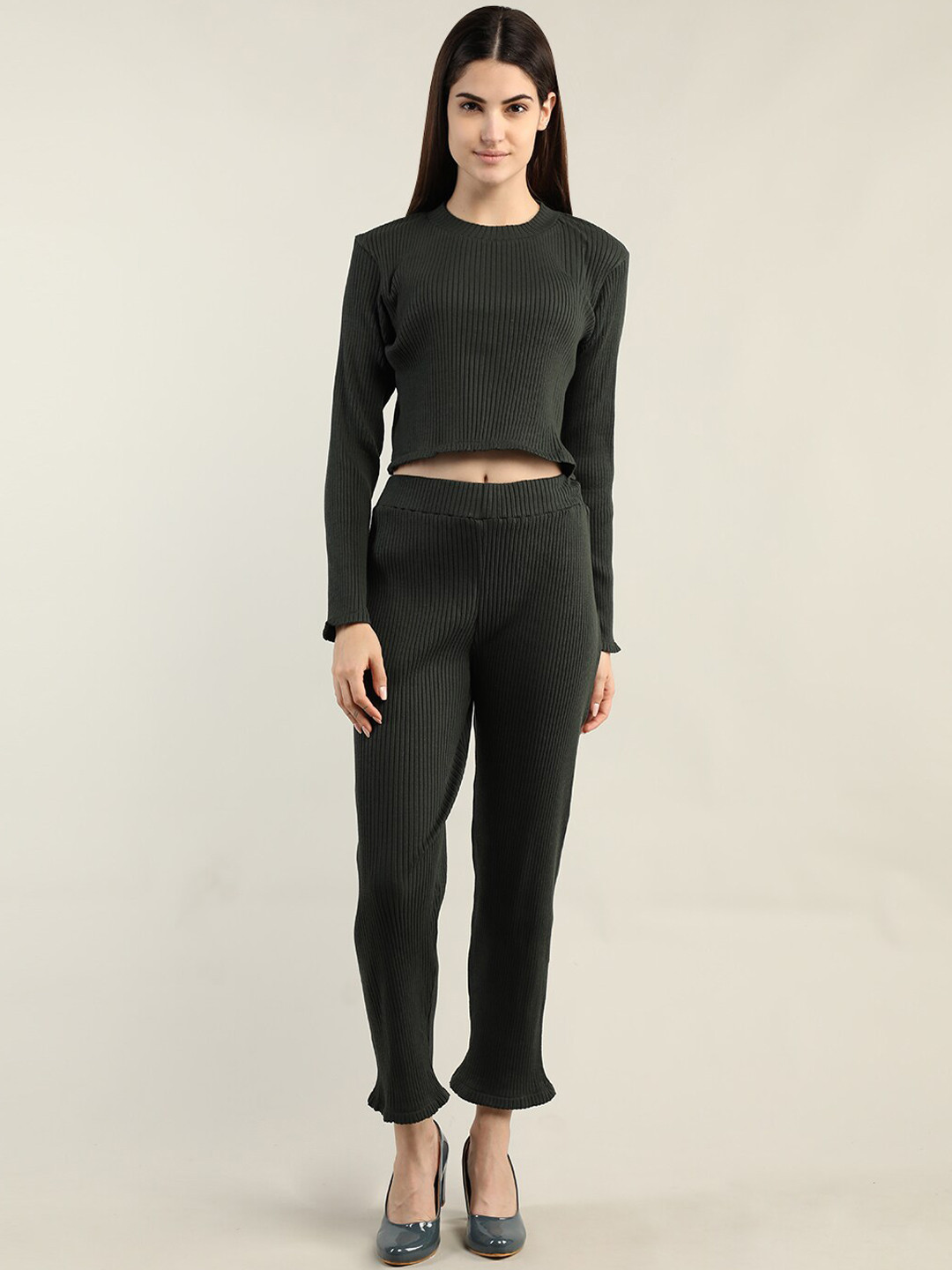 Dlanxa Women Olive Knitted Top & Trouser Co-Ords