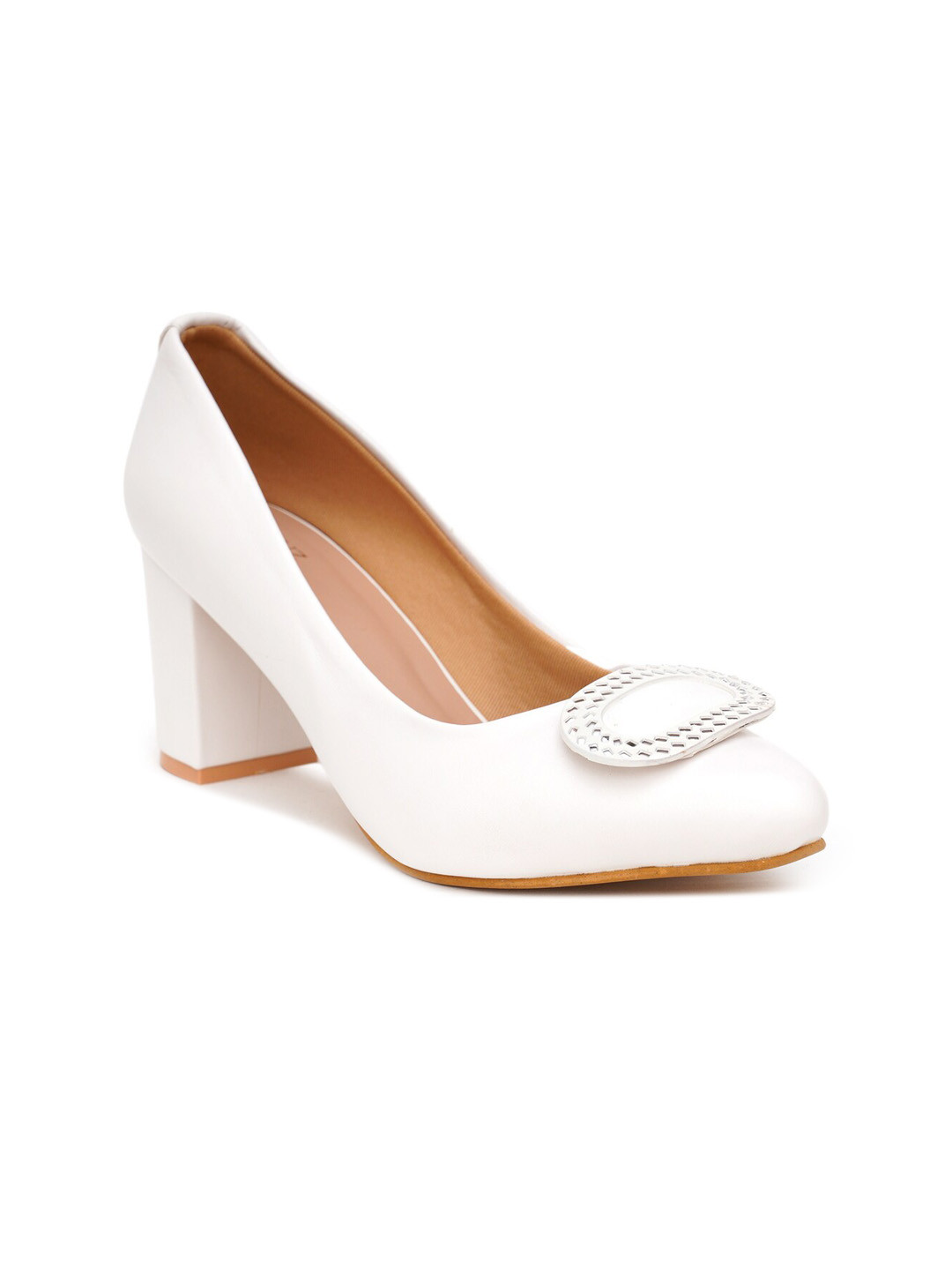 SHUZ TOUCH White Embellished Block Pumps