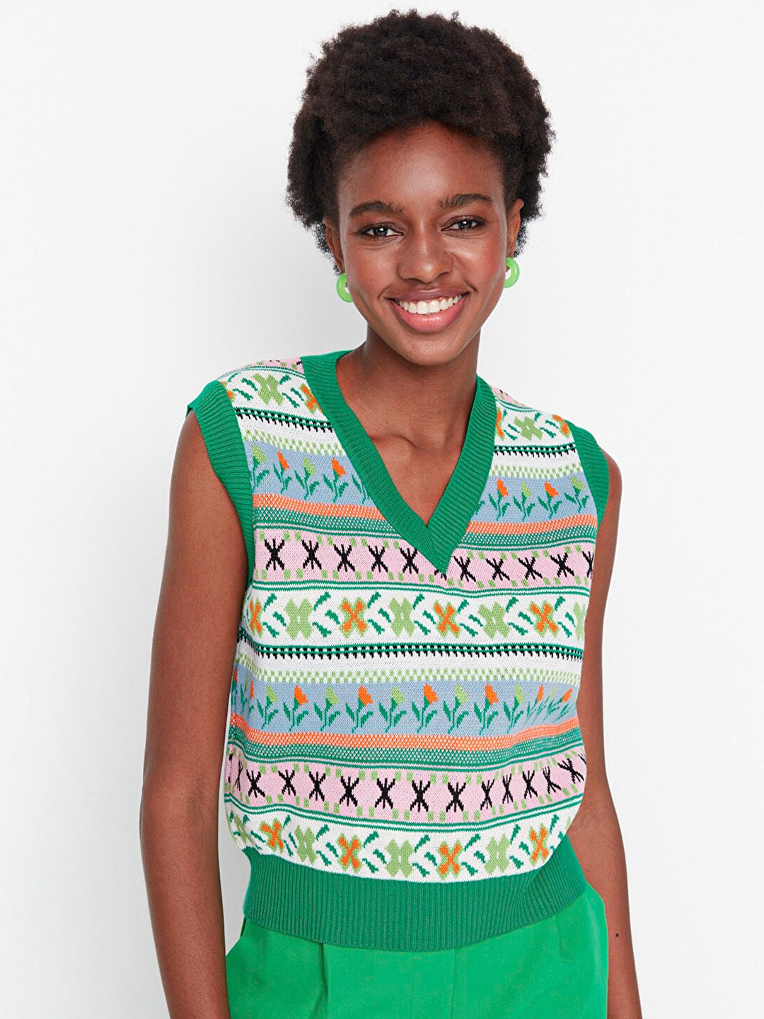 Trendyol Women Green & Blue Printed Sweater Vest