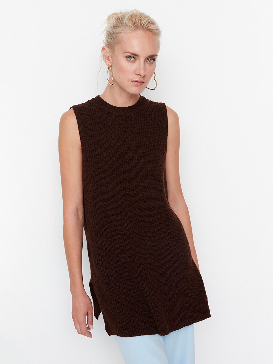 Trendyol Women Brown Ribbed Longline Sweater Vest