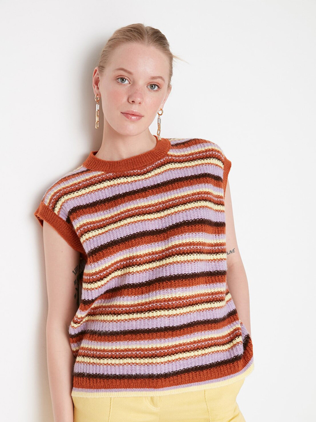 Trendyol Women Brown & Purple Striped Sweater Vest