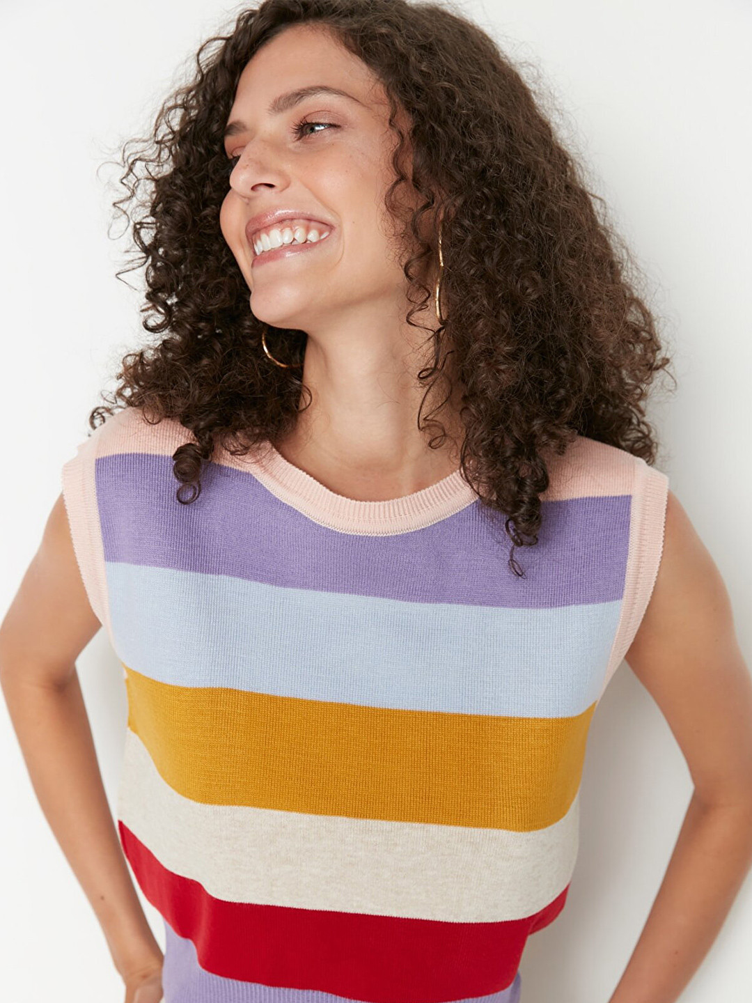 Trendyol Women Pink & Purple Striped Crop Sweater Vest