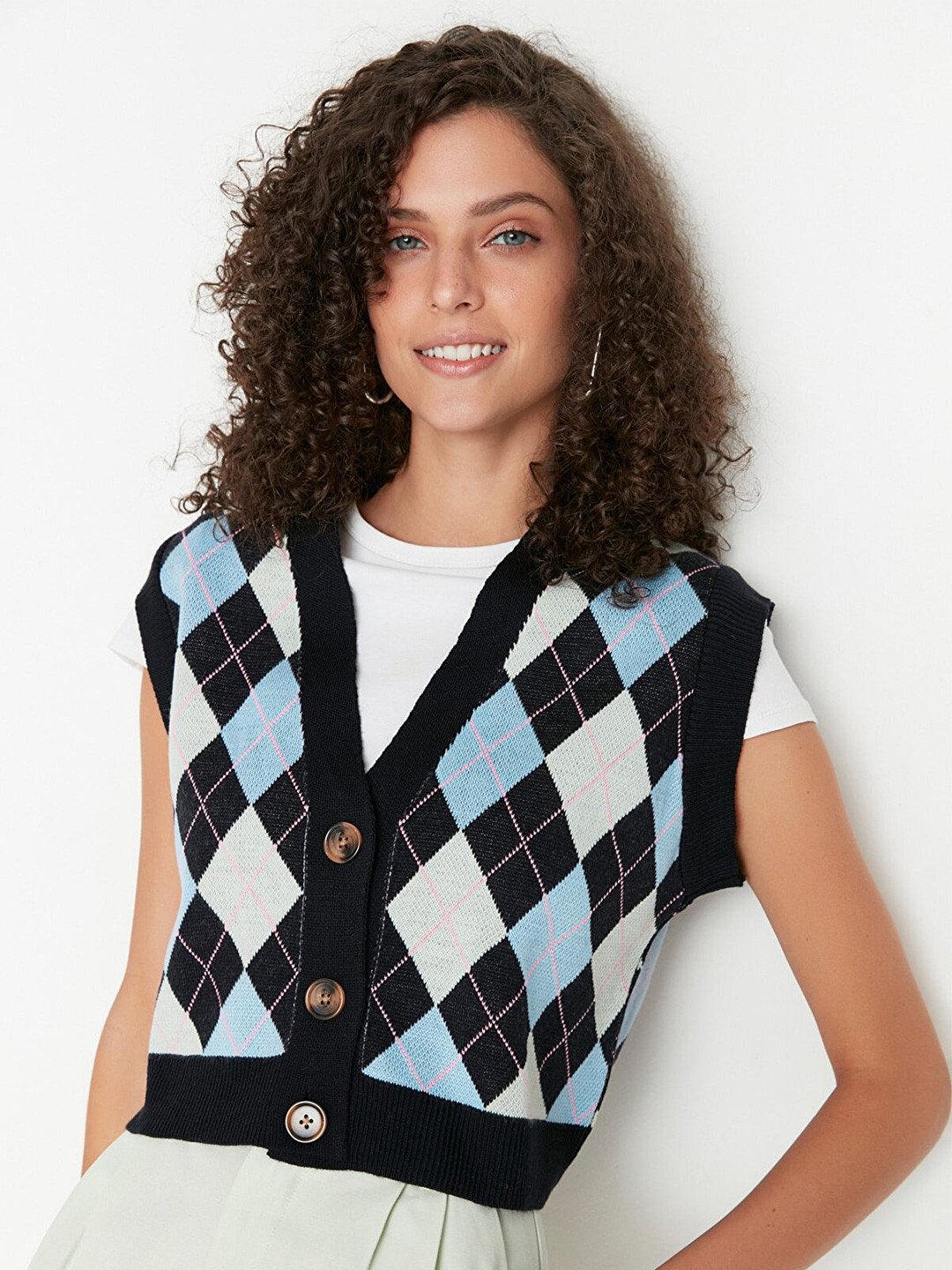 Trendyol Women Navy Blue & White Checked Checked Crop Cardigan