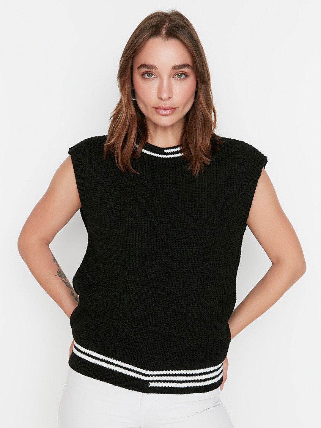 Trendyol Women Black & White Ribbed Sweater Vest