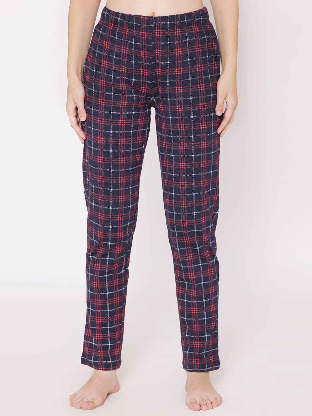 Vami Women Navy Blue & Red Checked Lounge Pants