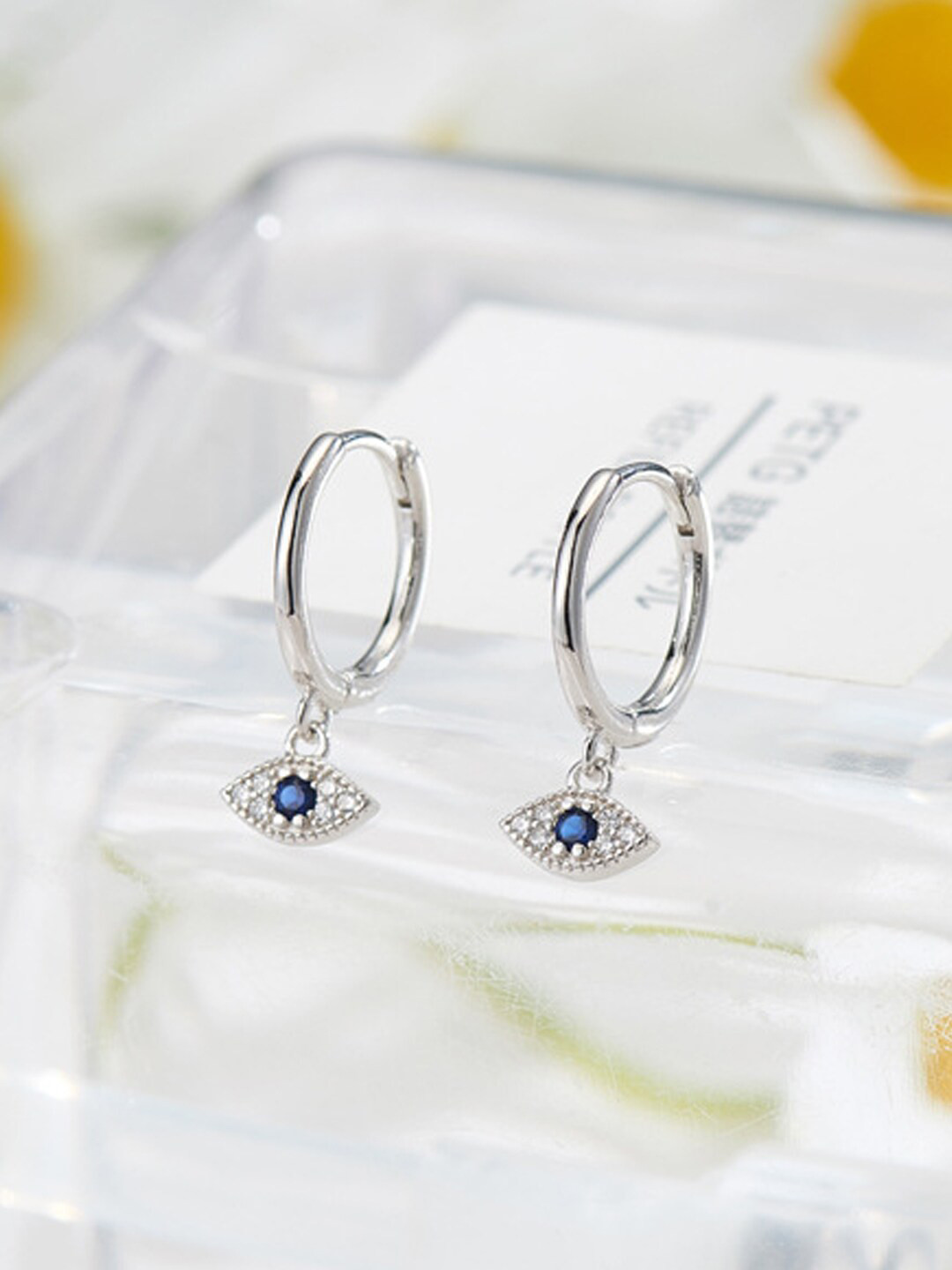 Young & Forever Women Silver-Toned & Blue Circular Evil Eye Hoop Earrings