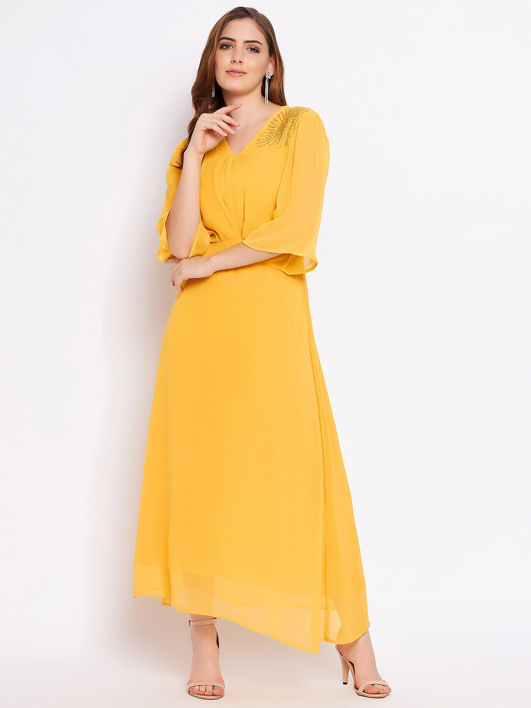 Ruhaans Yellow Chiffon A-Line Maxi Dress