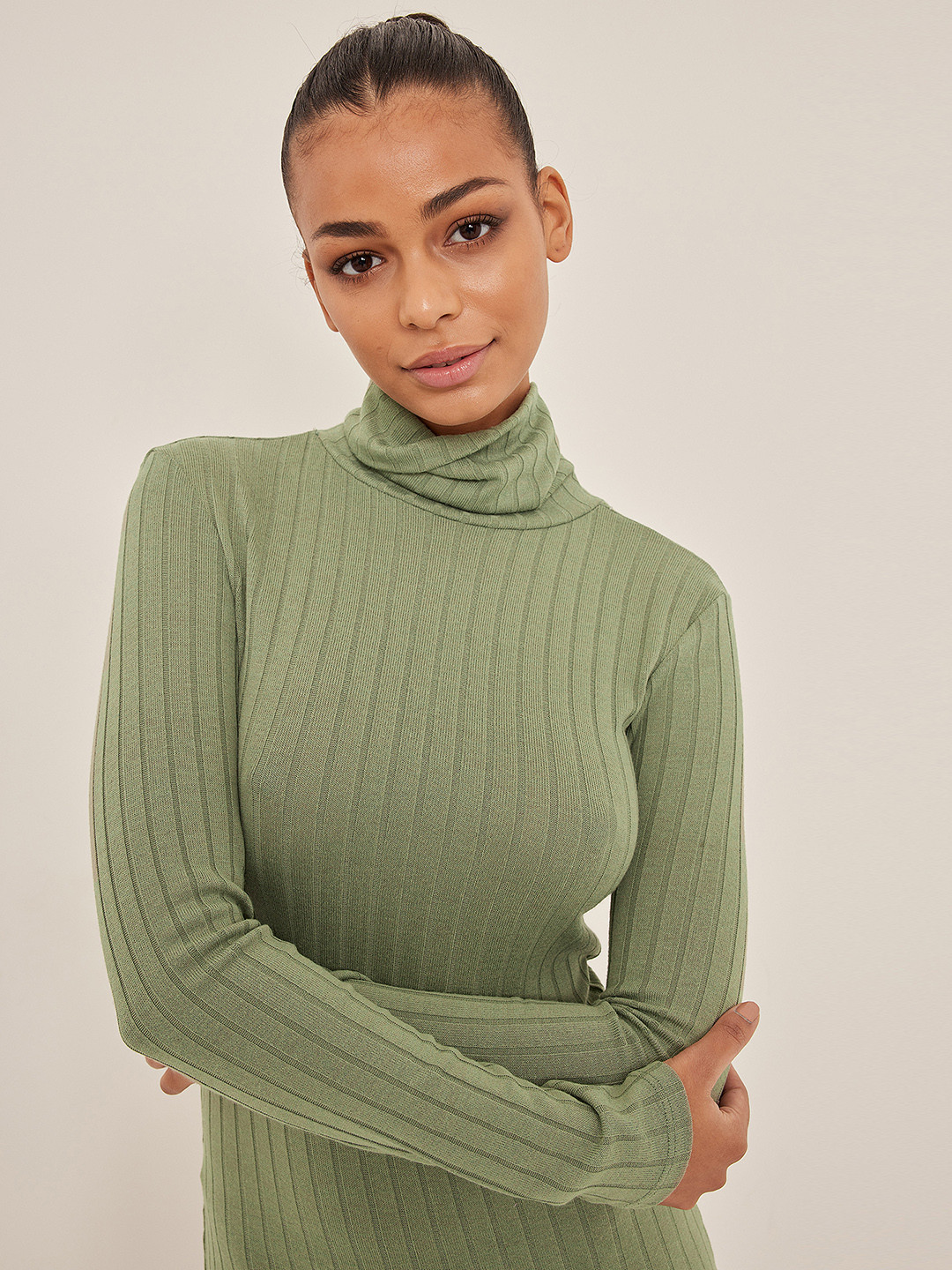 NA-KD Women Sage Green Ribbed High Neck Bodycon Mini Dress