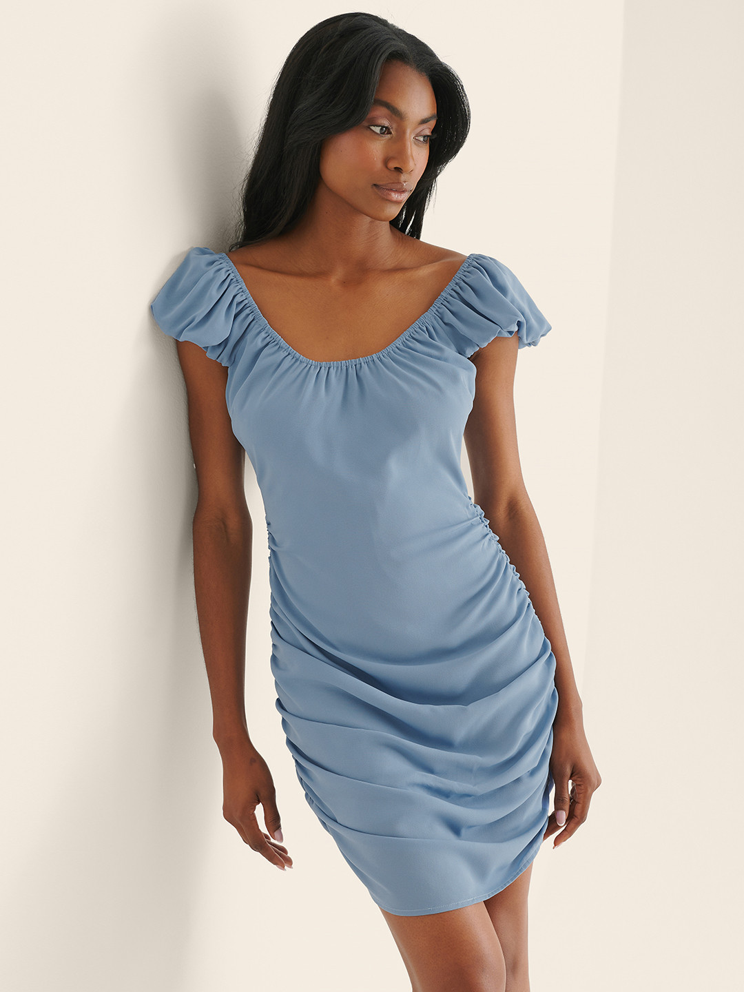 NA-KD Women Blue Solid Ruched Sheath Mini Dress