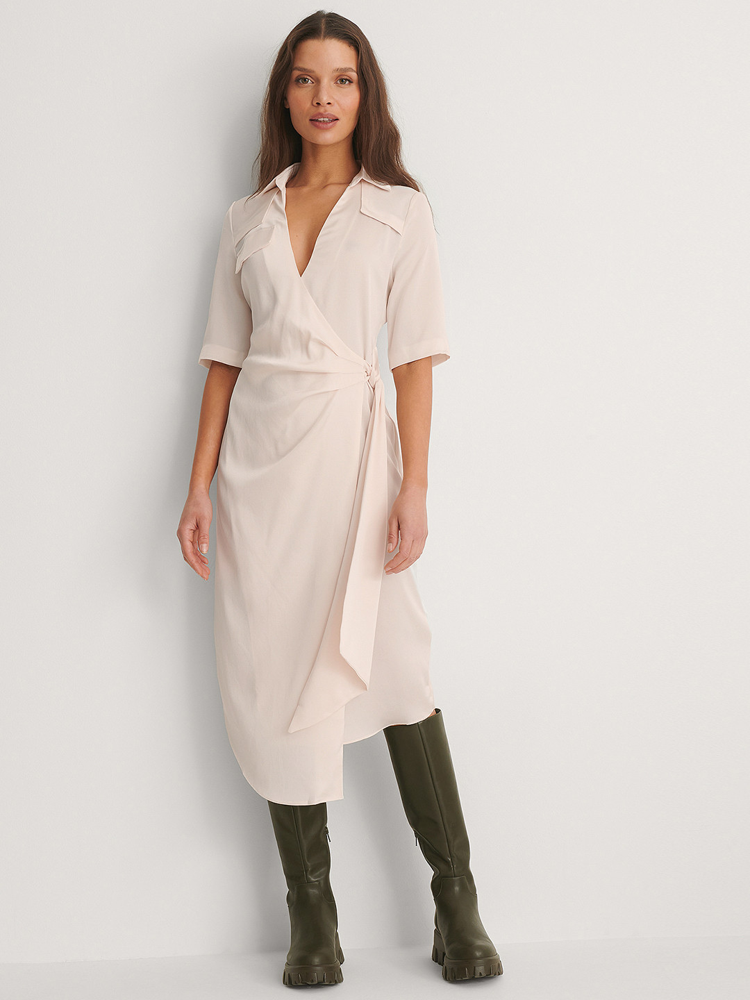 NA-KD White Solid Wrap Midi Dress