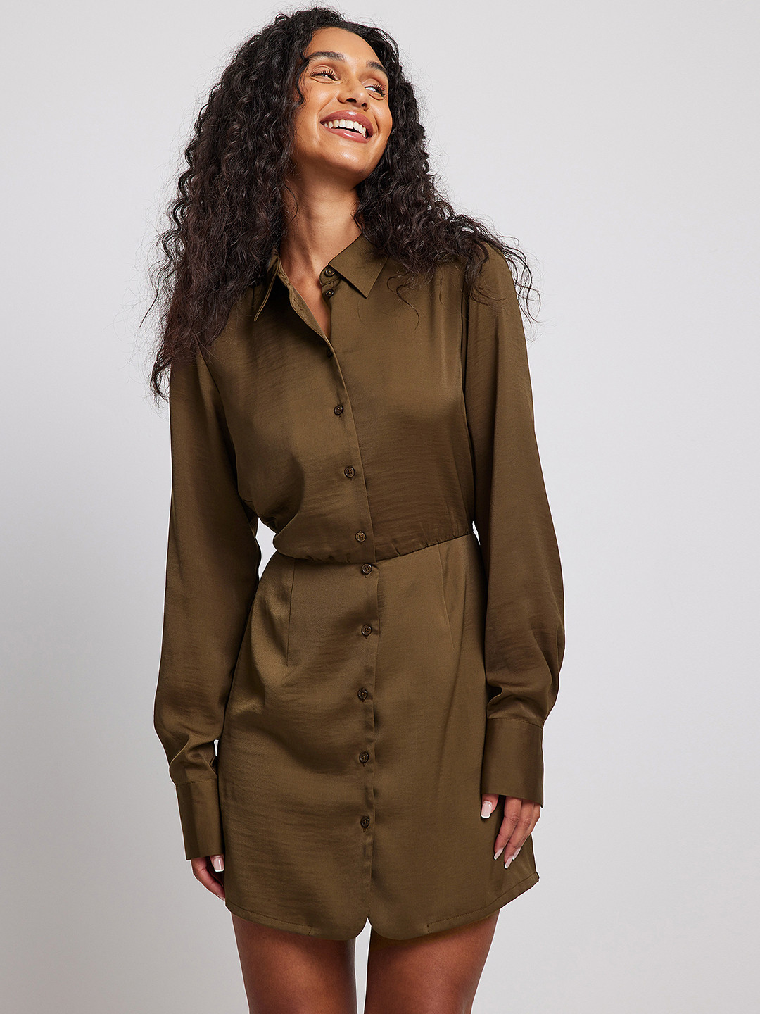 NA-KD Brown Collared Solid Shirt Dress