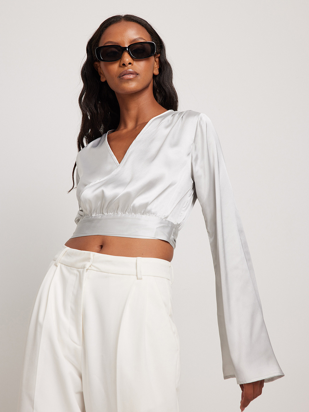 NA-KD Silver-Toned Wrap Crop Top