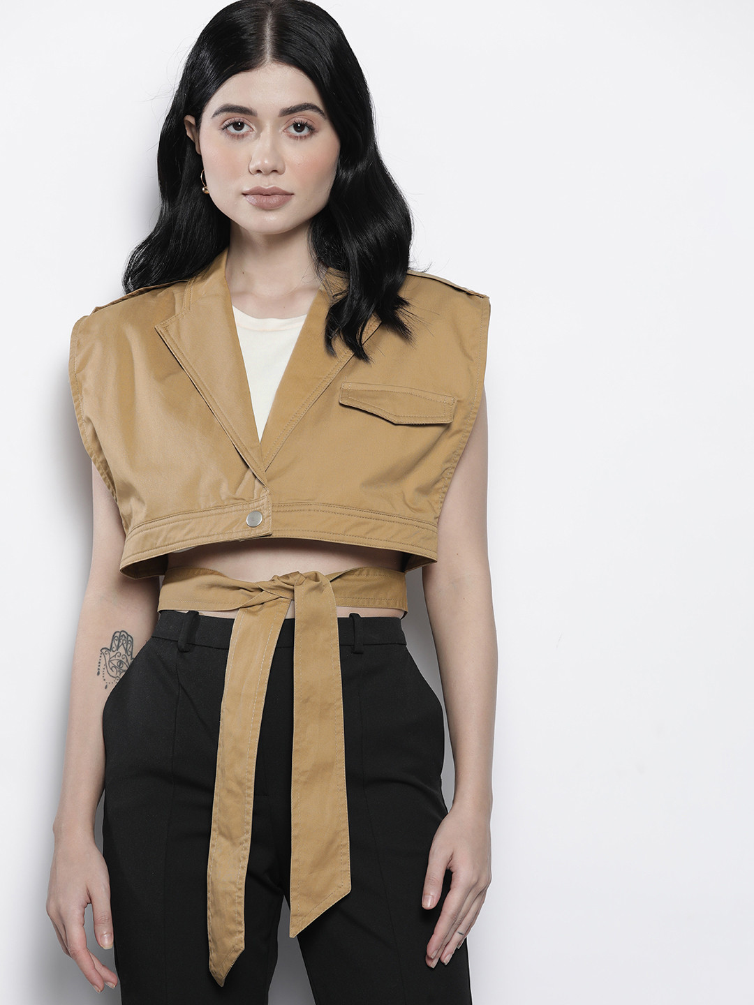 NA-KD Women Beige Crop Wrapping Detail Trench Jacket