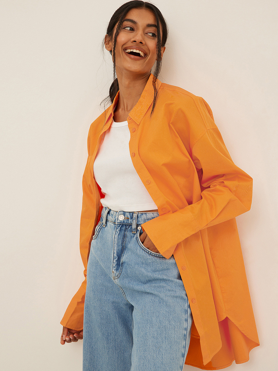 NA-KD Women Orange Pure Cotton Casual Oversized Shirt