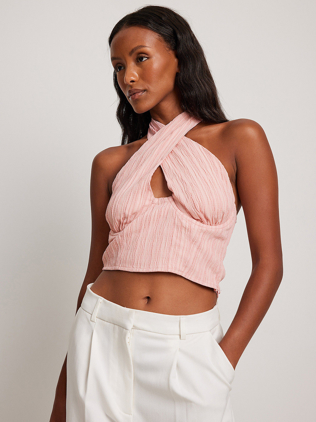 NA-KD Pink Textured Halter Neck Styled Back Crop Top