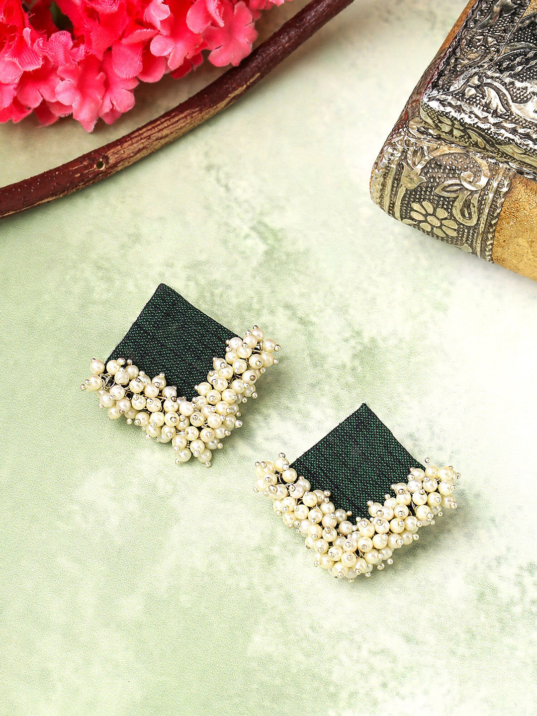 Yellow Chimes Green Pearl Beaded Geometric Fabric Studs Earrings