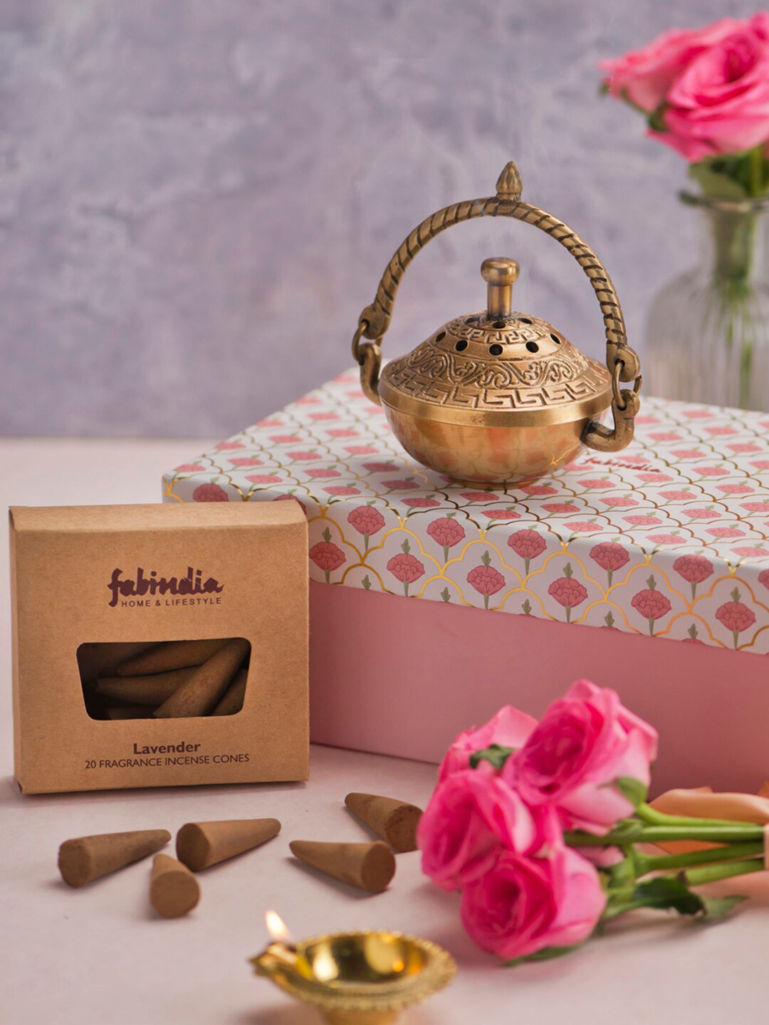 Fabindia Gold-Toned Textured Mehnoor Diffuser with Incense Cone Home Gift Sets