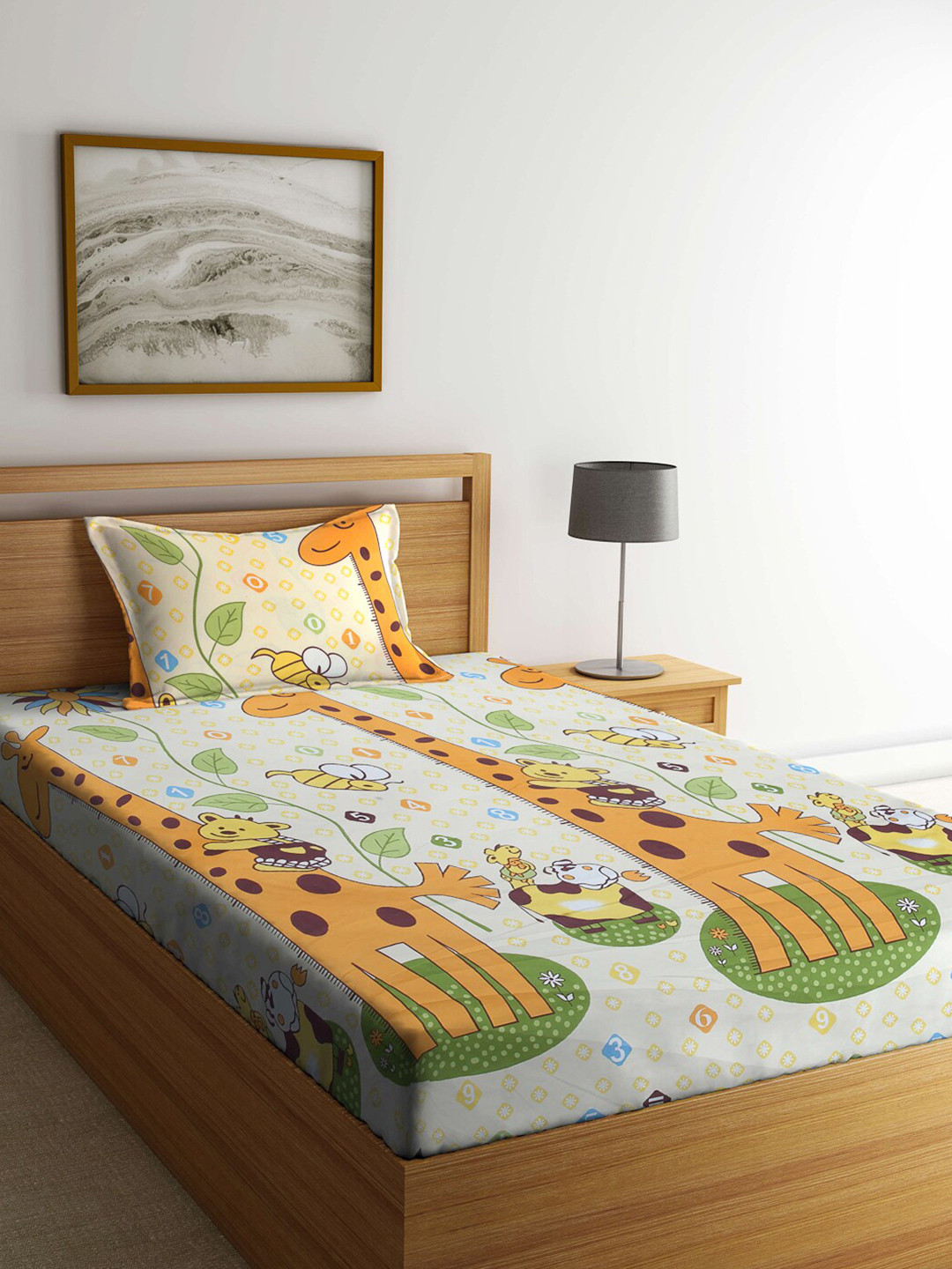Arrabi Yellow Animal Polycotton Skin-Friendly 300 TC Single Fine Bedsheet with a Pillow Cover-85 x 59 inches