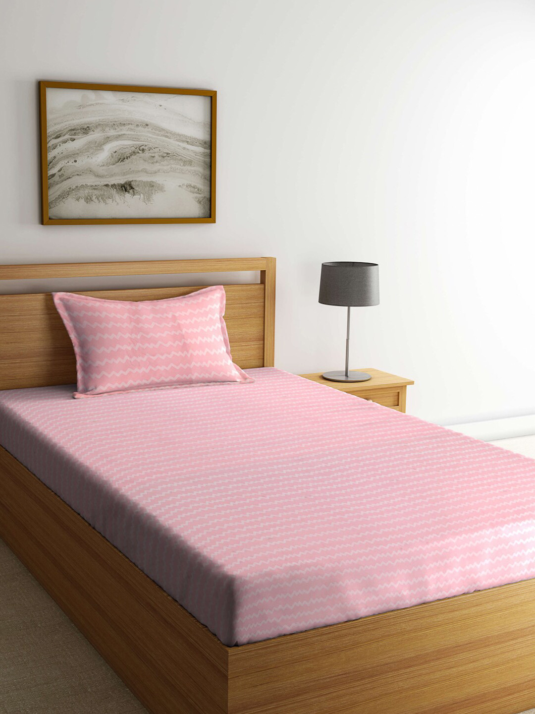 Arrabi Pink Chevron Polycotton Skin-Friendly 300 TC Single Fine Bedsheet with a Pillow Cover-85 x 59 inches