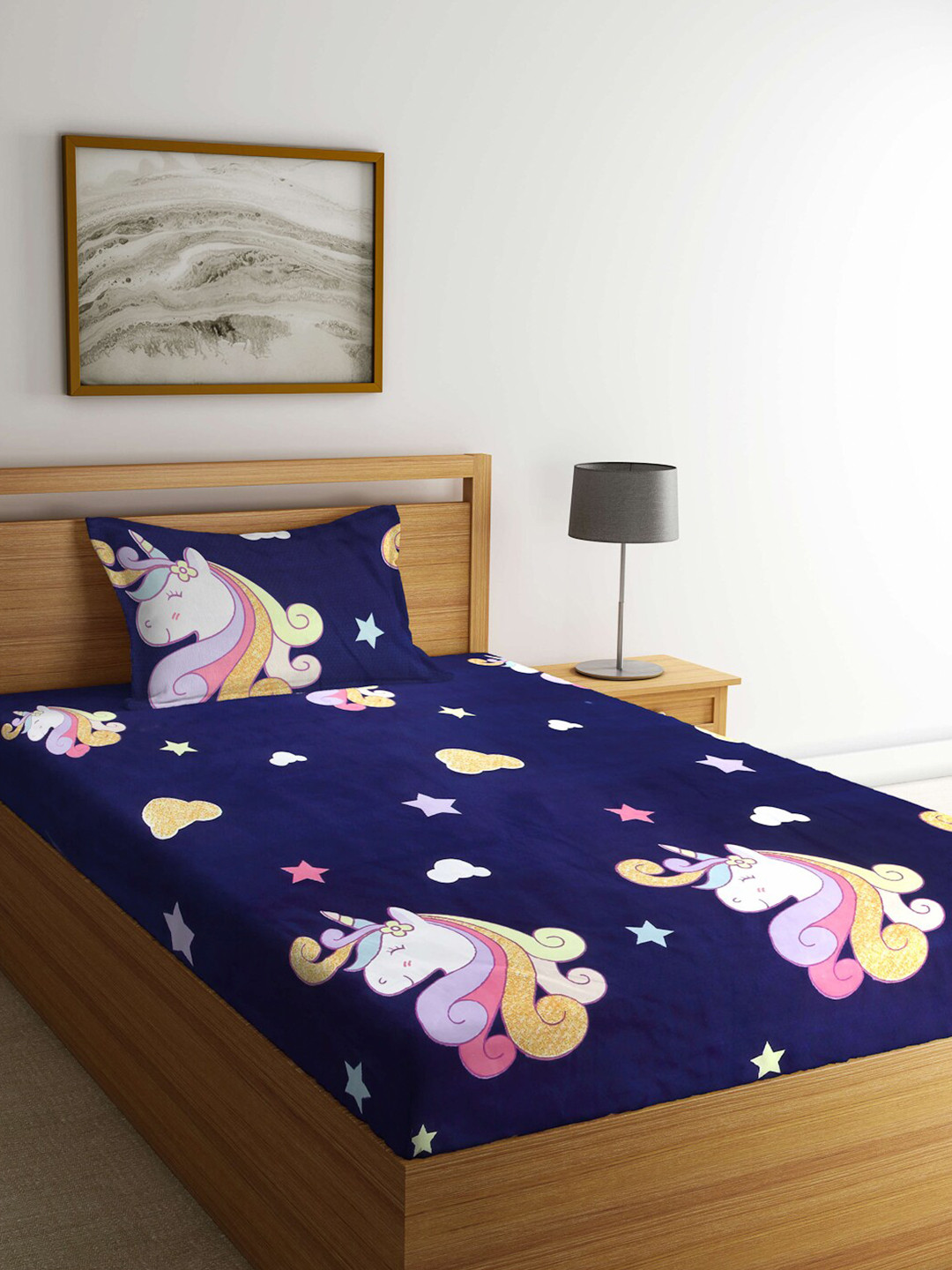 Arrabi Blue Cartoon Characters Cotton Skin-Friendly 300 TC Single Fine Bedsheet with a Pillow Cover-98 x 85 inches