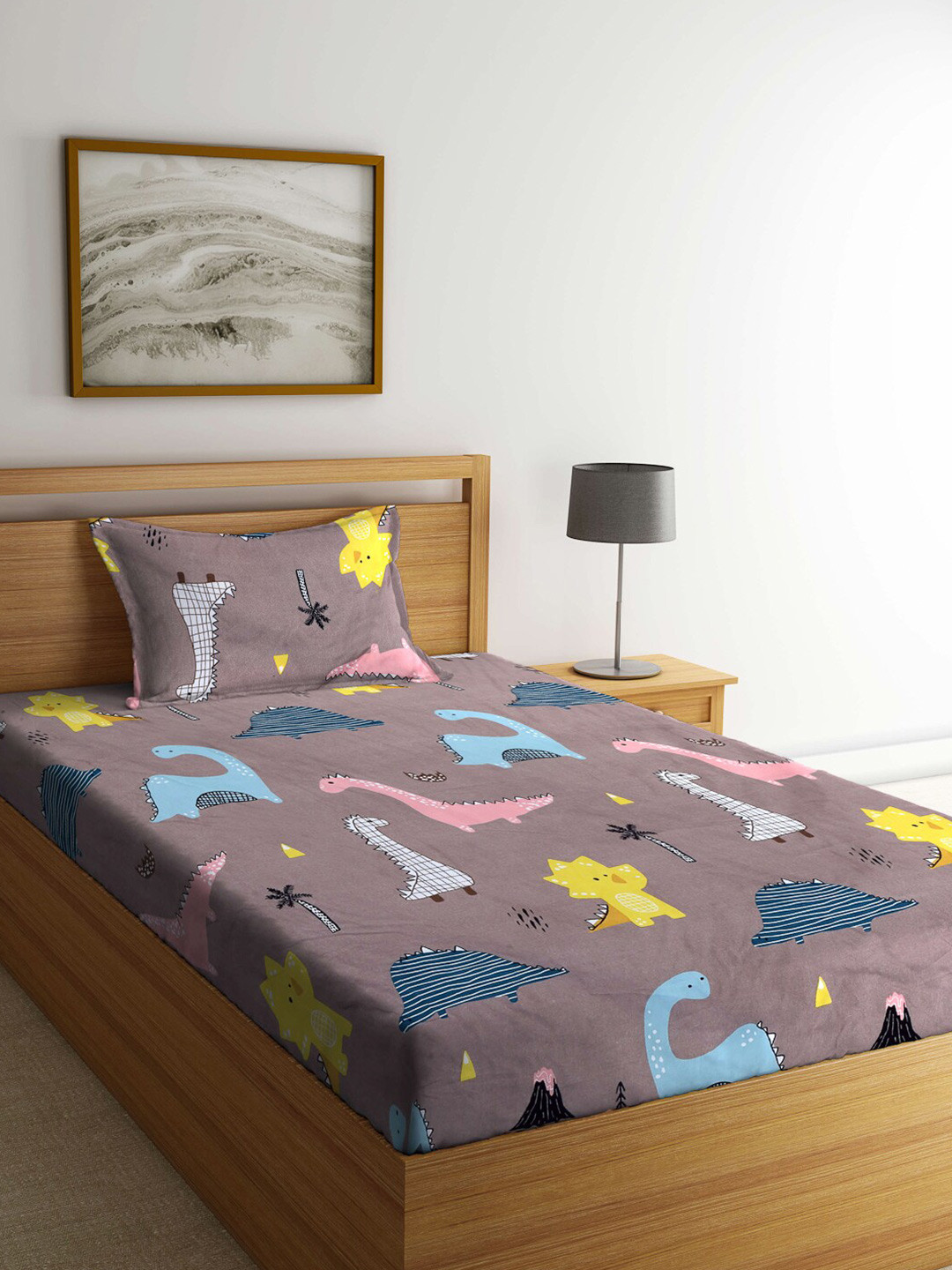 Arrabi Brown Cartoon Characters Cotton Skin-Friendly 300 TC Single Fine Bedsheet with a Pillow Cover-140 x 152 cm