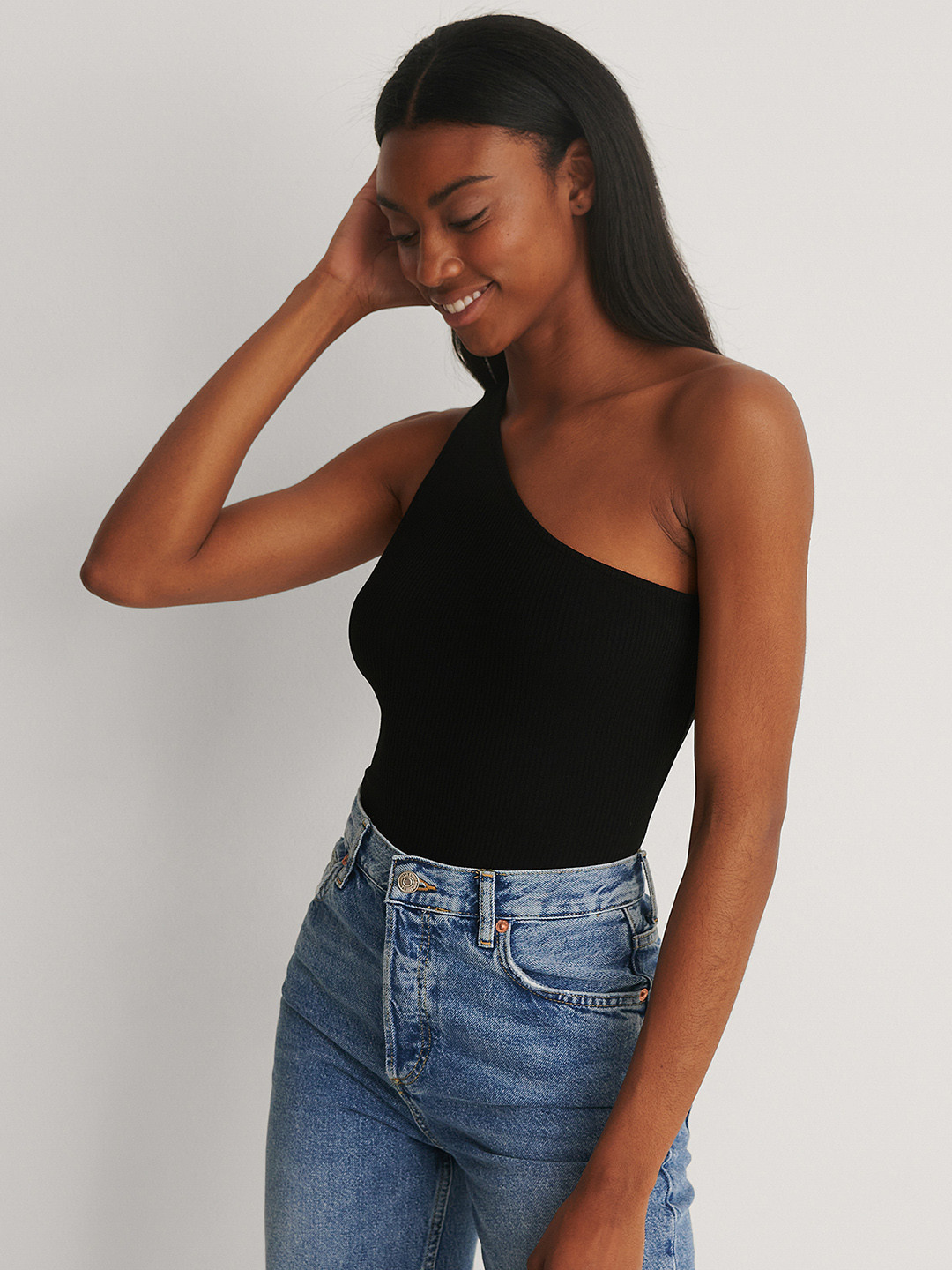 NA-KD Women Black Ribbed One Shoulder Sustainable Bodysuit