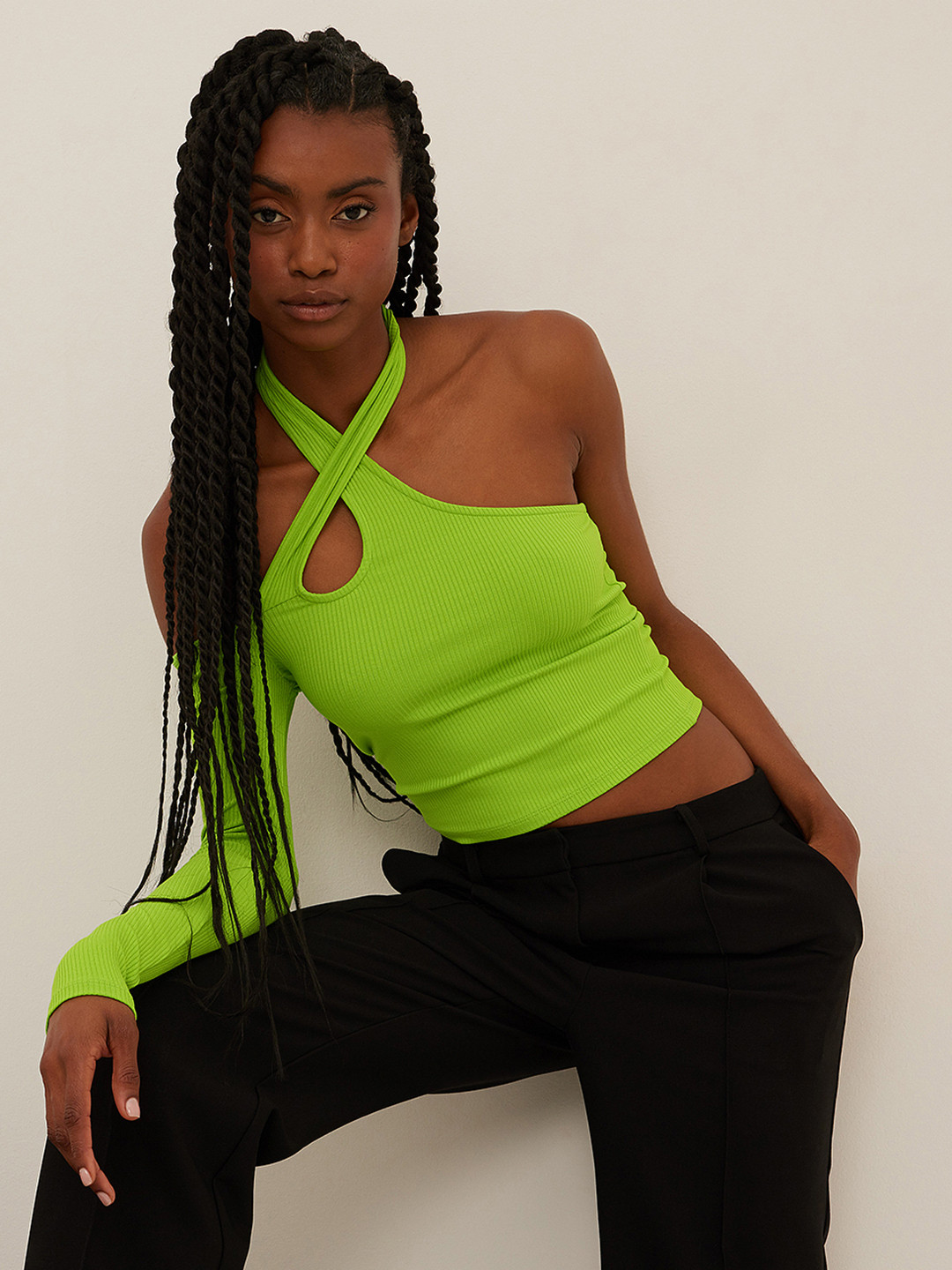 NA-KD Lime Green Asymmetric Cut-Out Ribbed Halter Neck Crop Top