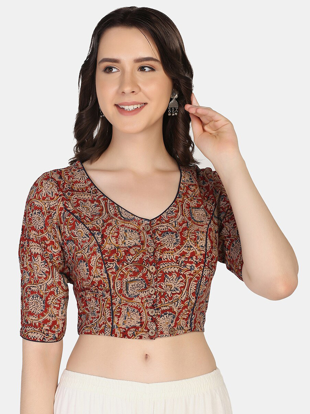 THE WEAVE TRAVELLER Red Kalamkari Printed Cotton Padded Saree Blouse