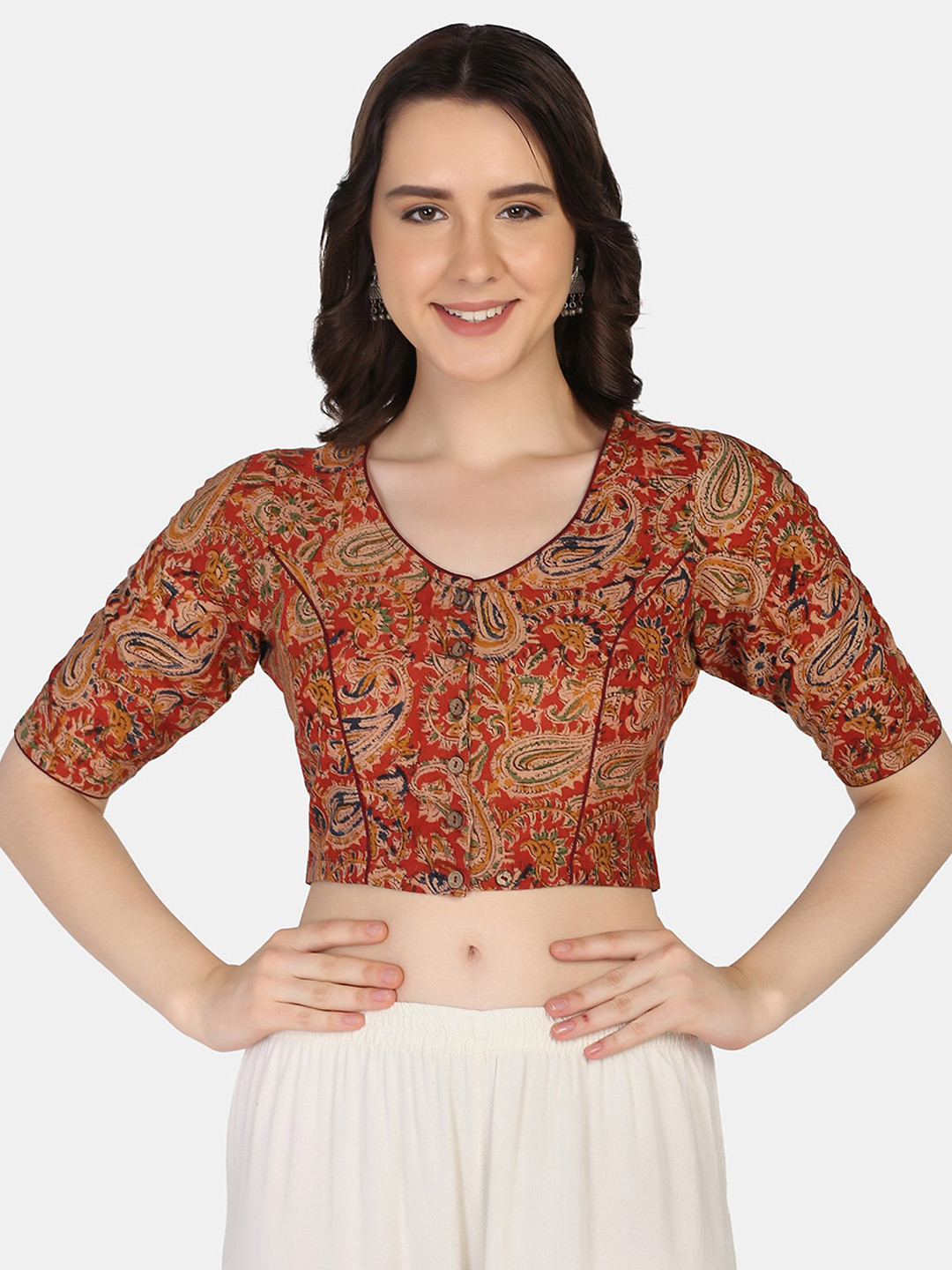 THE WEAVE TRAVELLER Red Block Printed Kalamkari Cotton Readymade Saree Blouse