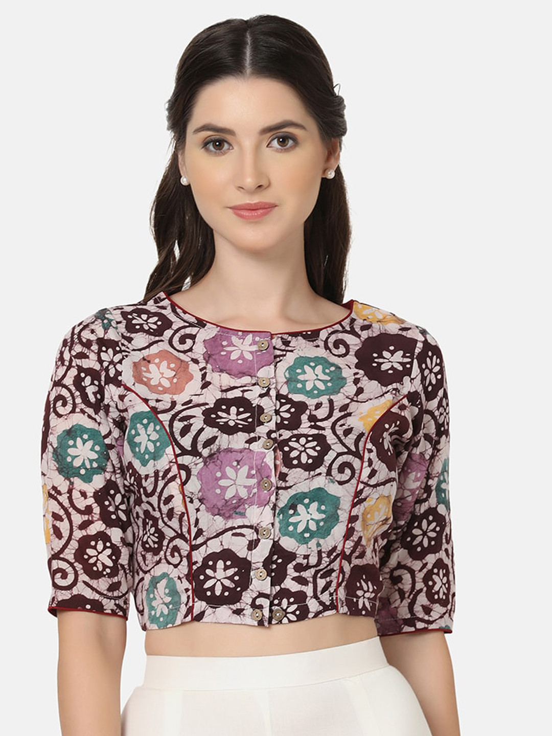 THE WEAVE TRAVELLER Maroon & Off White Block Printed Cotton Readymade Saree Blouse