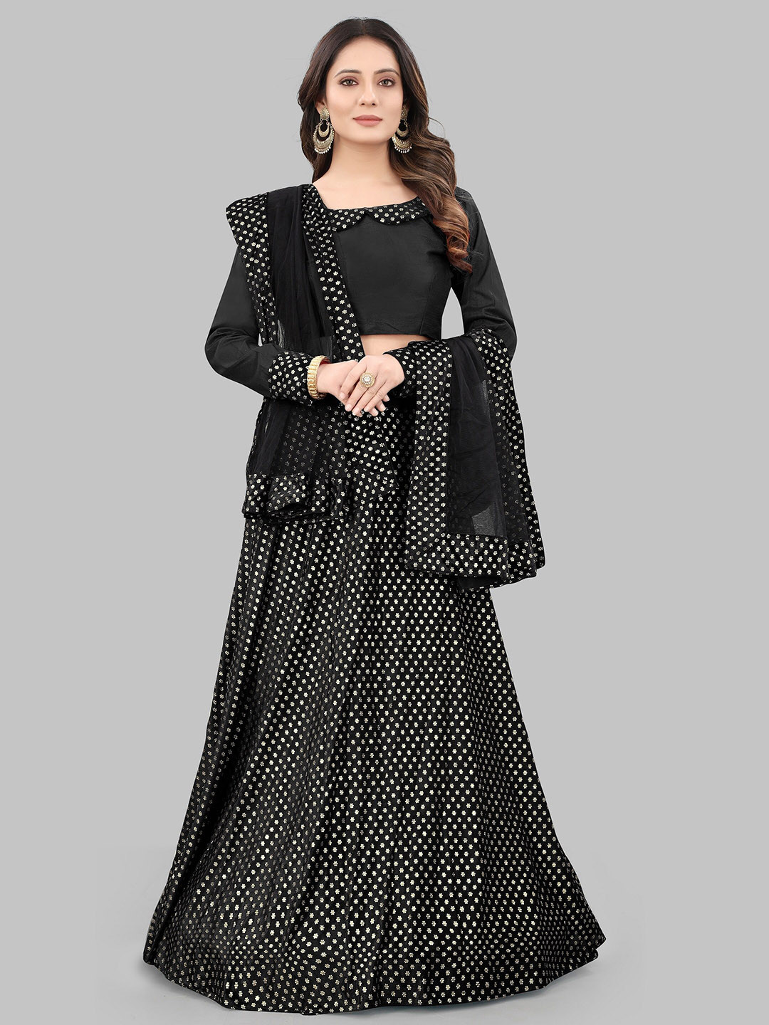 JSItaliya Black & Silver-Toned Foil Printed Semi-Stitched Lehenga Choli Set