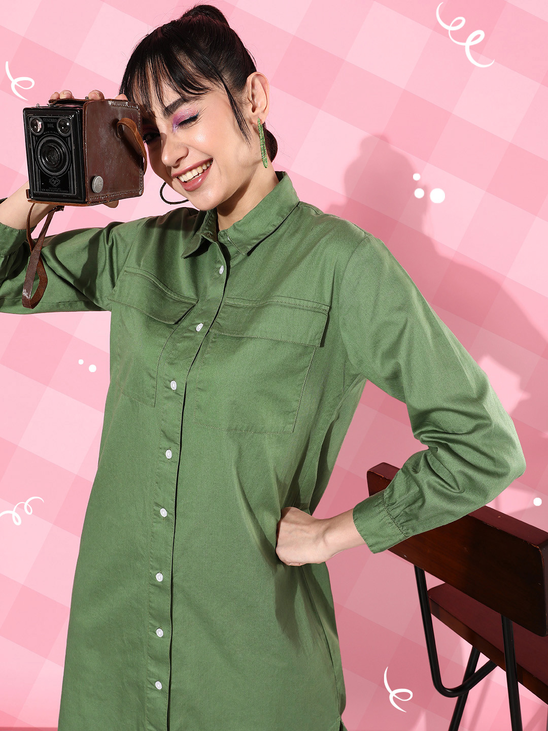 Kook N Keech  Cotton Solid Shirt Maxi Dress With Chest Pockets