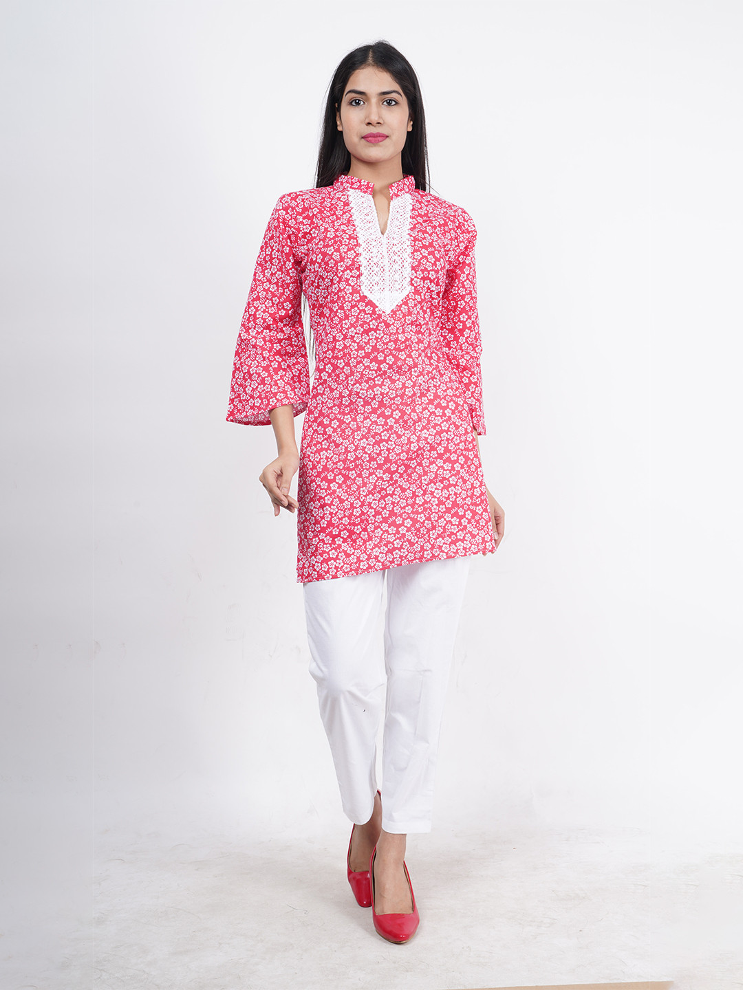 Trendzmy Red And White Floral Printed Pure Cotton Kurti