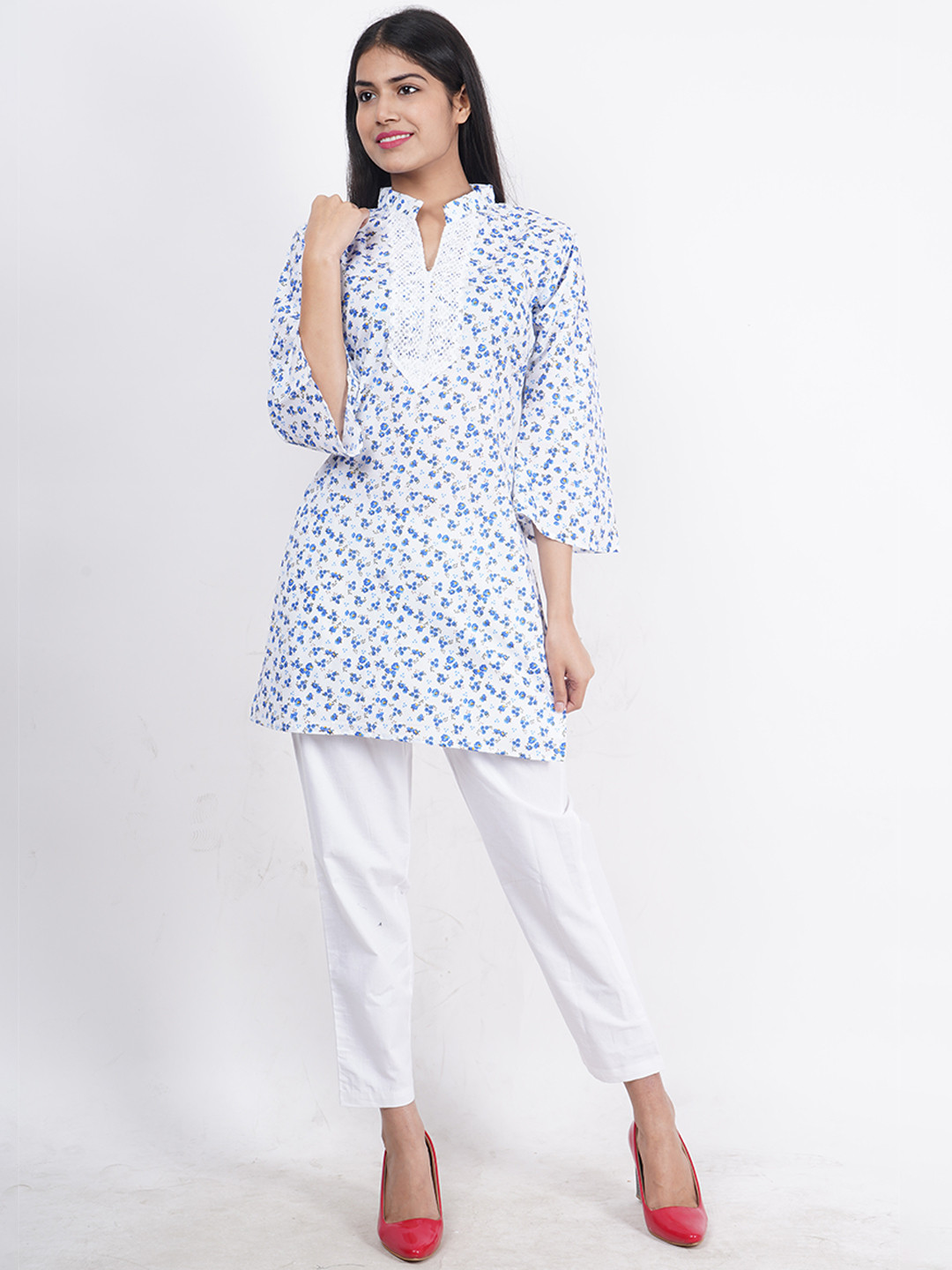 Trendzmy Blue Floral Printed Flared Sleeves Pure Cotton Kurti