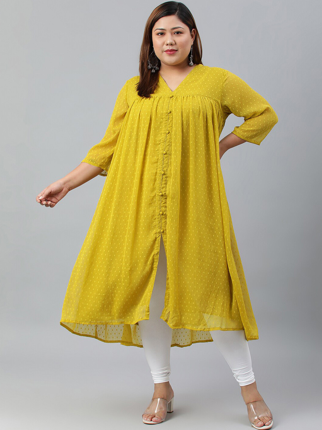 Janasya Women Plus Size Mustard Yellow Poly Chiffon Self Design Flared Kurta